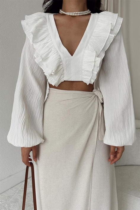 V Volanlı Freya Bluz Beyaz