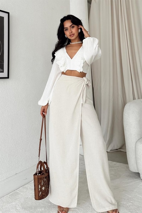 V Volanlı Freya Bluz Beyaz