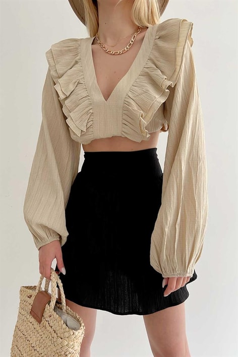 V Volanlı Freya Bluz Taş