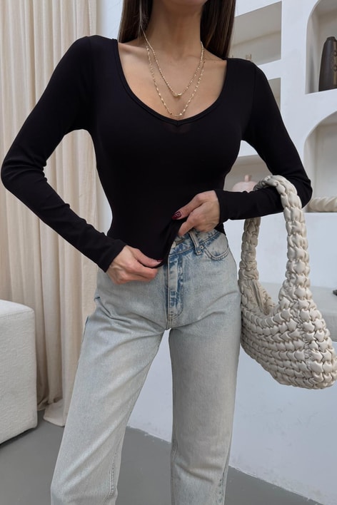 V Yaka Basic Bluz Acı Kahve
