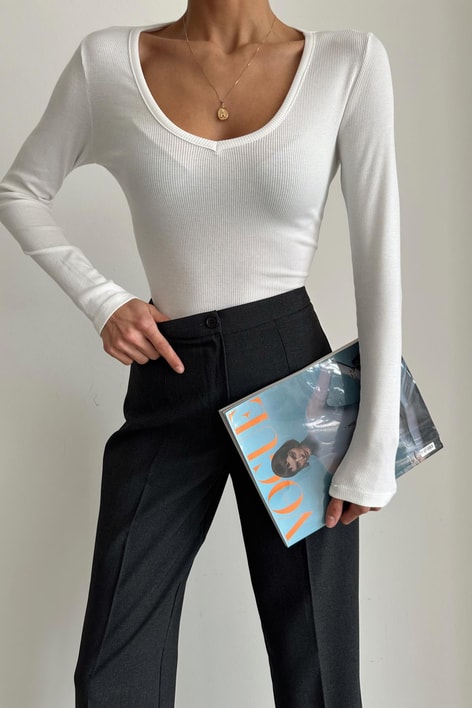 V Yaka Fitilli Bluz Beyaz