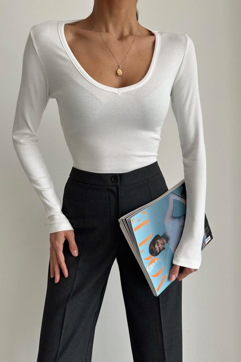 V Yaka Fitilli Bluz Beyaz