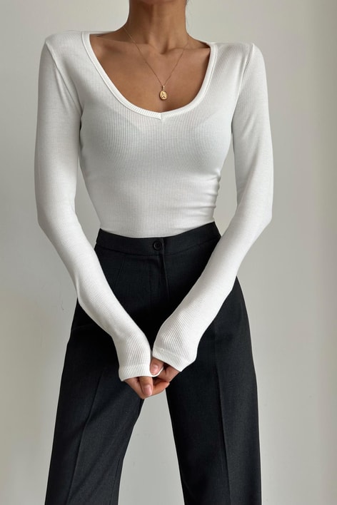 V Yaka Fitilli Bluz Beyaz