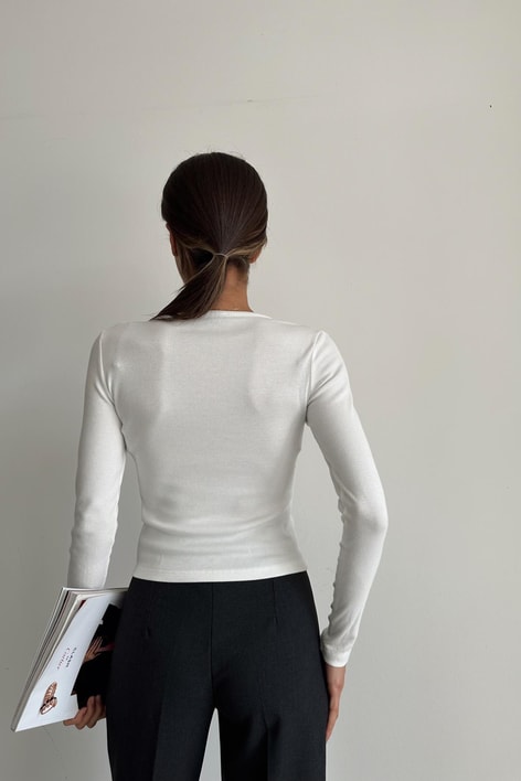 V Yaka Fitilli Bluz Beyaz