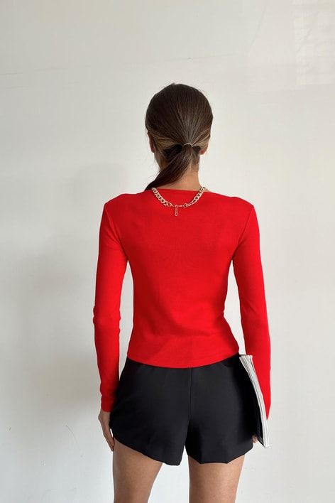 V Yaka Fitilli Bluz Kırmızı