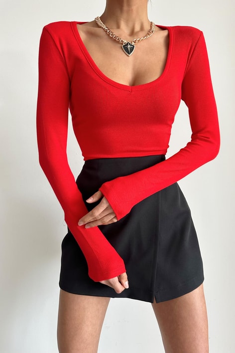 V Yaka Fitilli Bluz Kırmızı