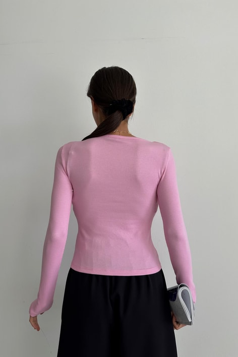 V Yaka Fitilli Bluz Şeker Pembe