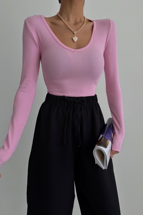 V Yaka Fitilli Bluz Şeker Pembe