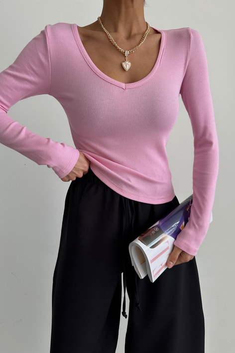 V Yaka Fitilli Bluz Şeker Pembe