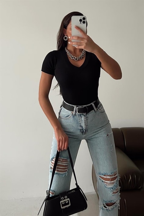 V Yaka Fitilli Bluz Siyah