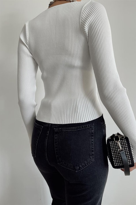 V Yaka Fitilli Lourve Bluz Beyaz