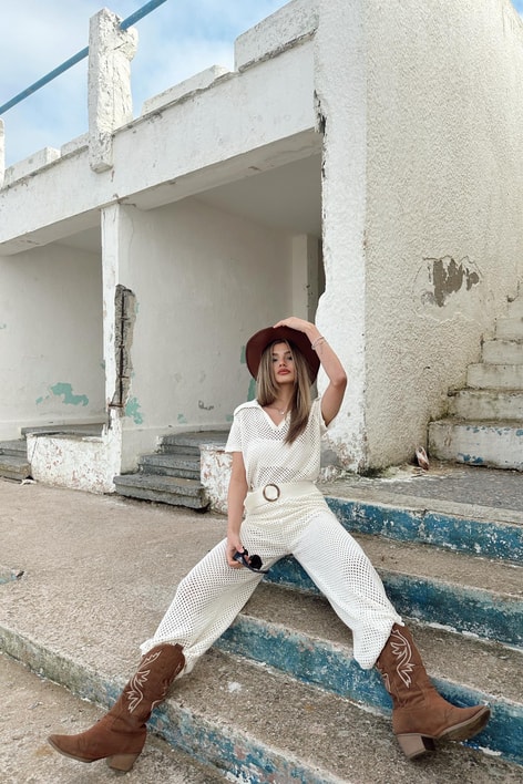 Yakalı Transparan Triko Bluz Bej