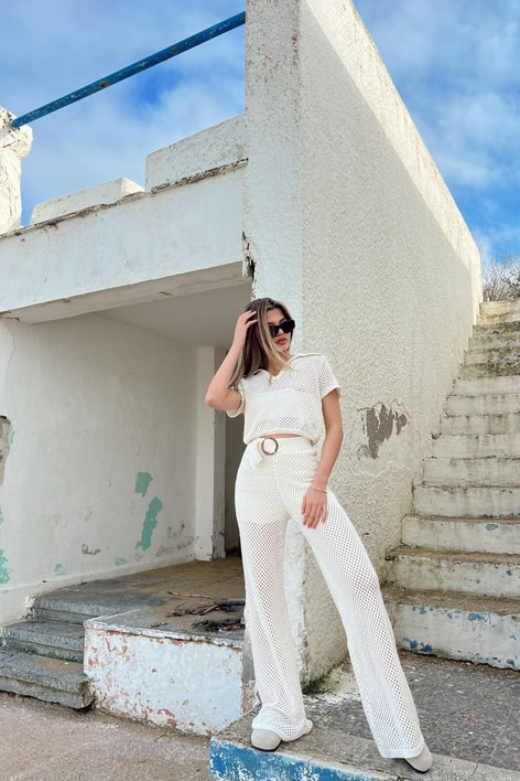 Yakalı Transparan Triko Bluz Bej