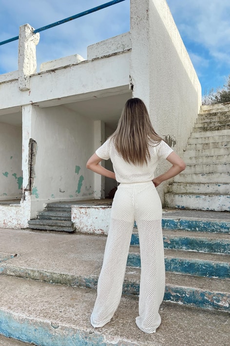 Yakalı Transparan Triko Bluz Bej