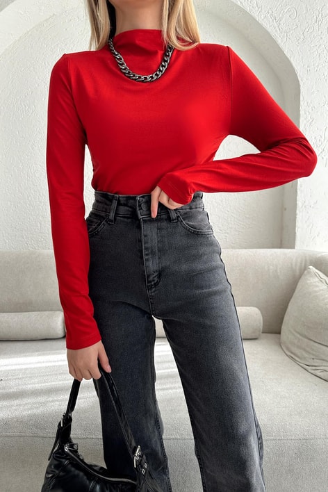 Yan Büzgülü Trend Dik Yaka Bluz Kırmızı