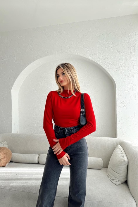 Yan Büzgülü Trend Dik Yaka Bluz Kırmızı