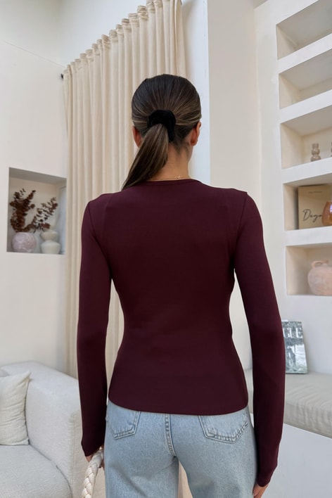 Yuvarlak Çift Dikişli Yaka Basic Bluz Bordo