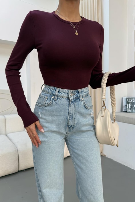 Yuvarlak Çift Dikişli Yaka Basic Bluz Bordo