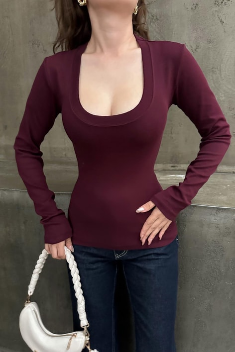 Yuvarlak Dikiş Yaka Bluz Bordo