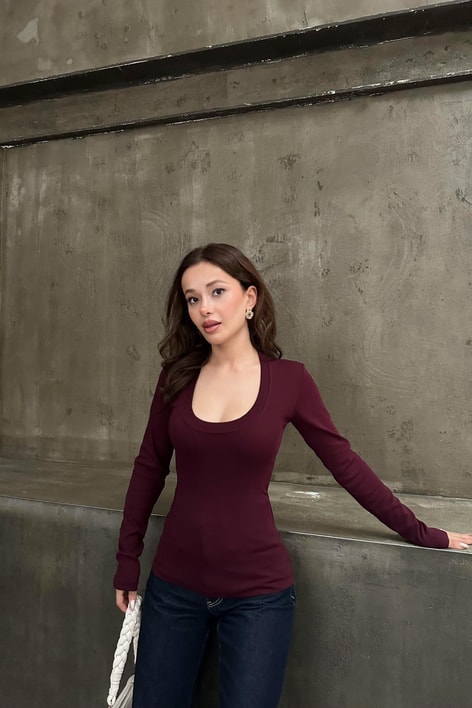Yuvarlak Dikiş Yaka Bluz Bordo