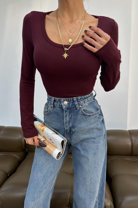 Yuvarlak Yaka Basic Bluz Bordo