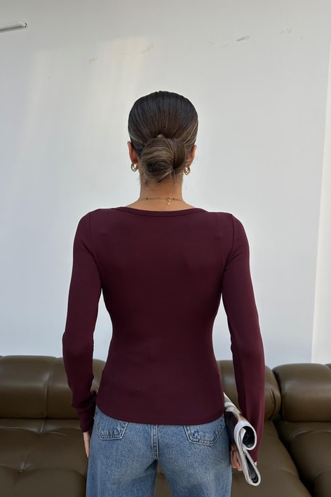 Yuvarlak Yaka Basic Bluz Bordo