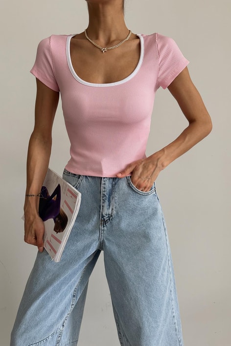 Yuvarlak Yaka Fitilli Bluz Pembe