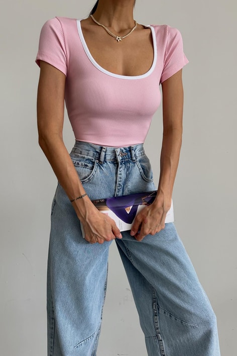 Yuvarlak Yaka Fitilli Bluz Pembe