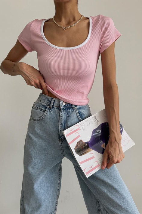 Yuvarlak Yaka Fitilli Bluz Pembe