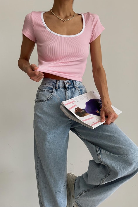 Yuvarlak Yaka Fitilli Bluz Pembe