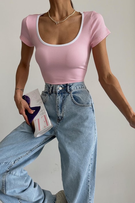 Yuvarlak Yaka Fitilli Bluz Pembe