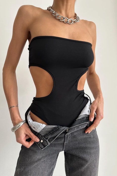 Bel Dekolteli Straplez Bodysuit Siyah