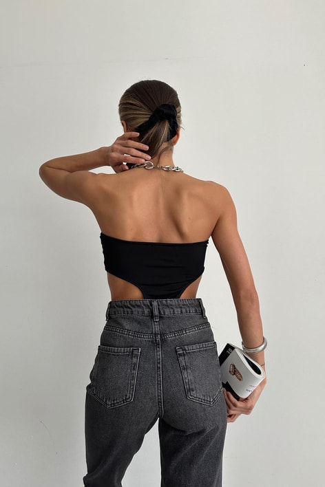 Bel Dekolteli Straplez Bodysuit Siyah