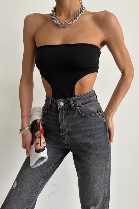 Bel Dekolteli Straplez Bodysuit Siyah