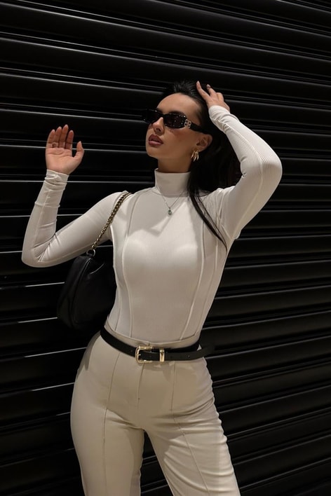 Dik Yaka Korsaj Bodysuit Beyaz