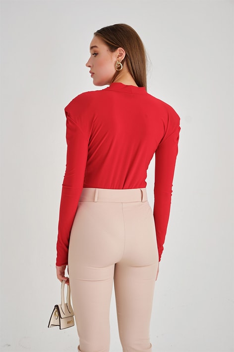Kruvaze Vatkalı Bodysuit Kırmızı
