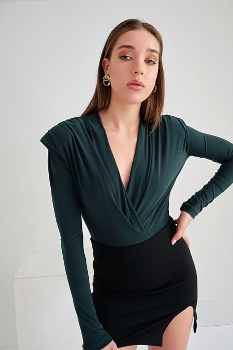 Kruvaze Vatkalı Bodysuit Petrol Yeşili