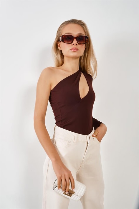 Tek Omuz Sandy Bodysuit Acı Kahve