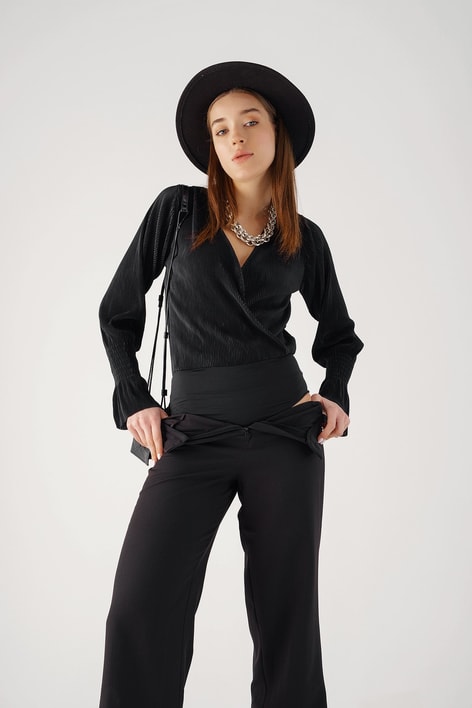 Volan Kol Piliseli Bodysuit Siyah