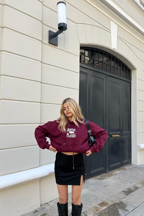 Boston Baskı Kapüşonlu Sweatshirt Bordo