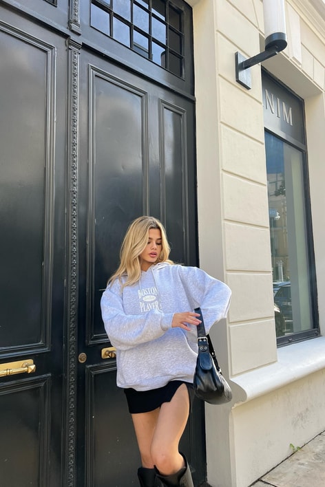 Boston Baskı Kapüşonlu Sweatshirt Gri Melanj