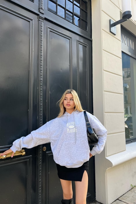 Boston Baskı Kapüşonlu Sweatshirt Gri Melanj