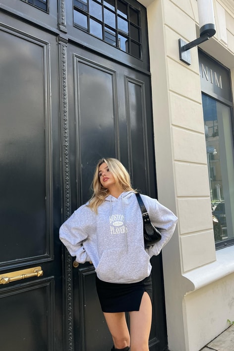 Boston Baskı Kapüşonlu Sweatshirt Gri Melanj