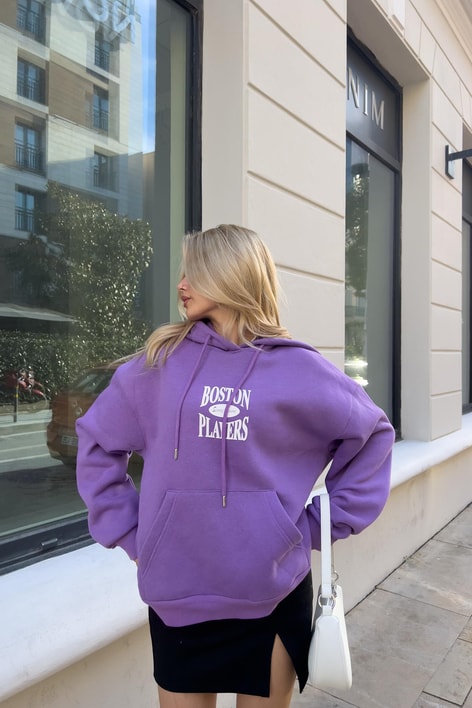 Boston Baskı Kapüşonlu Sweatshirt Mor