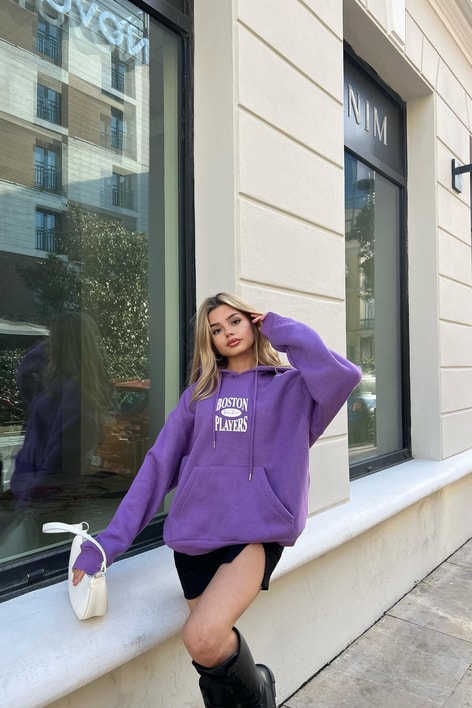 Boston Baskı Kapüşonlu Sweatshirt Mor