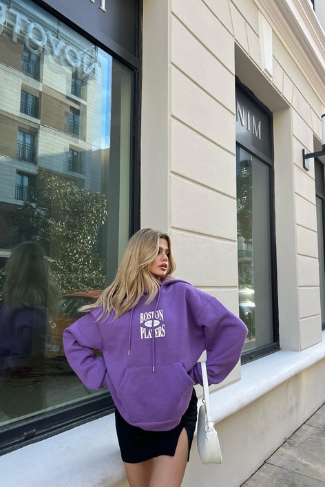 Boston Baskı Kapüşonlu Sweatshirt Mor