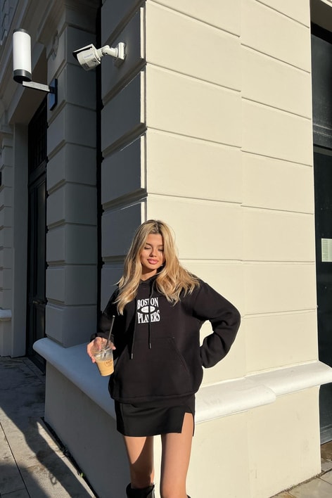 Boston Baskı Kapüşonlu Sweatshirt Siyah