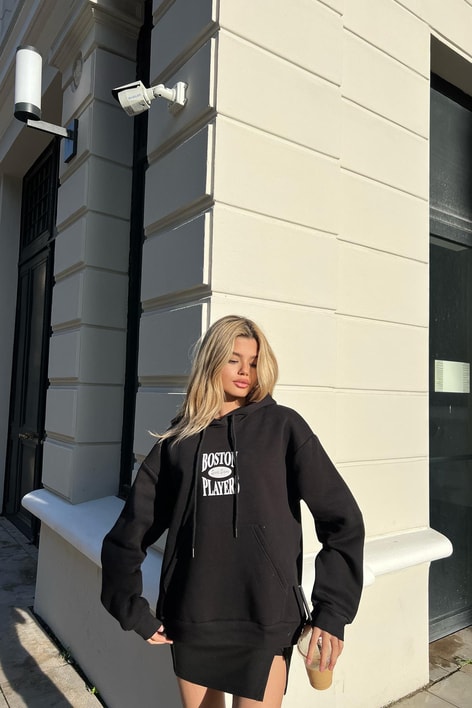 Boston Baskı Kapüşonlu Sweatshirt Siyah