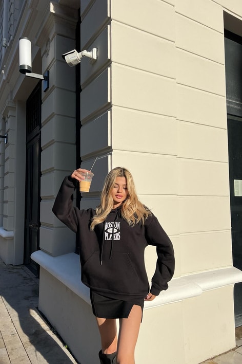 Boston Baskı Kapüşonlu Sweatshirt Siyah