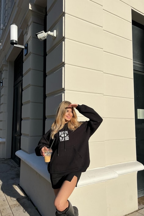 Boston Baskı Kapüşonlu Sweatshirt Siyah